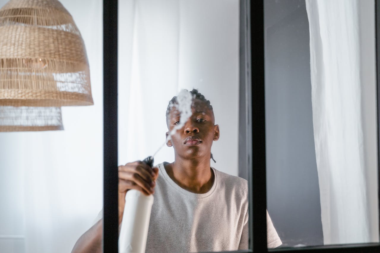 A young man uses a spray bottle to clean a glass window inside a modern room.